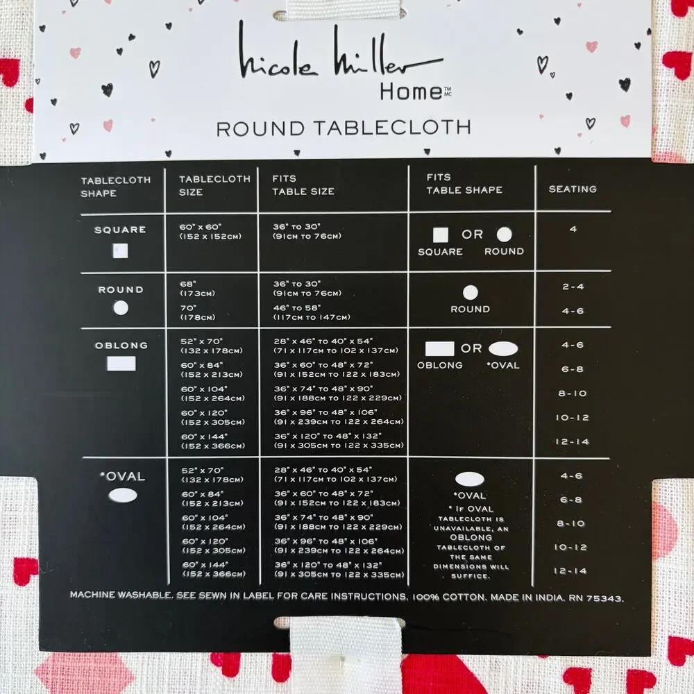 Nicole Miller Queen of Hearts Tablecloth 68in Round Pink Red Valentines Day New